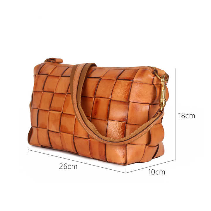 Umhängetasche für Damen ⎜ Geflochtene Ledertasche mit breitem Riemen und Reißverschluss für Alltag und Freizeit