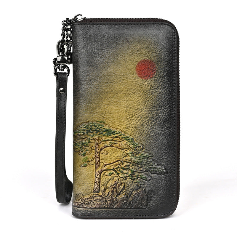 Damen Leder-Geldbörse ⎜ Lange Brieftasche mit geprägtem Baum-Motiv und praktischer Handgelenkband-Schlaufe