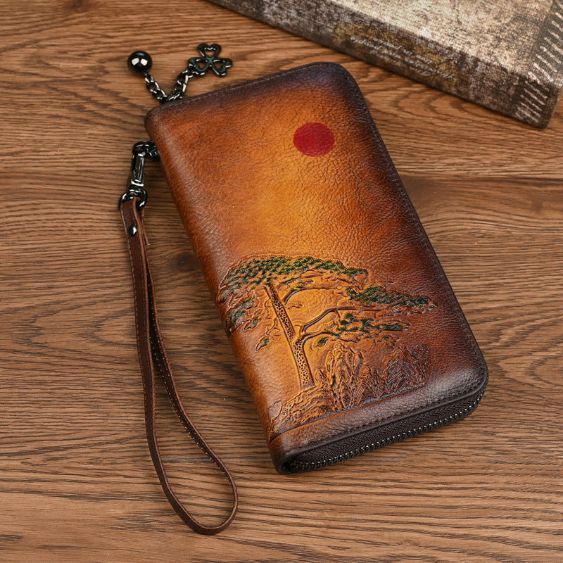 Damen Leder-Geldbörse ⎜ Lange Brieftasche mit geprägtem Baum-Motiv und praktischer Handgelenkband-Schlaufe