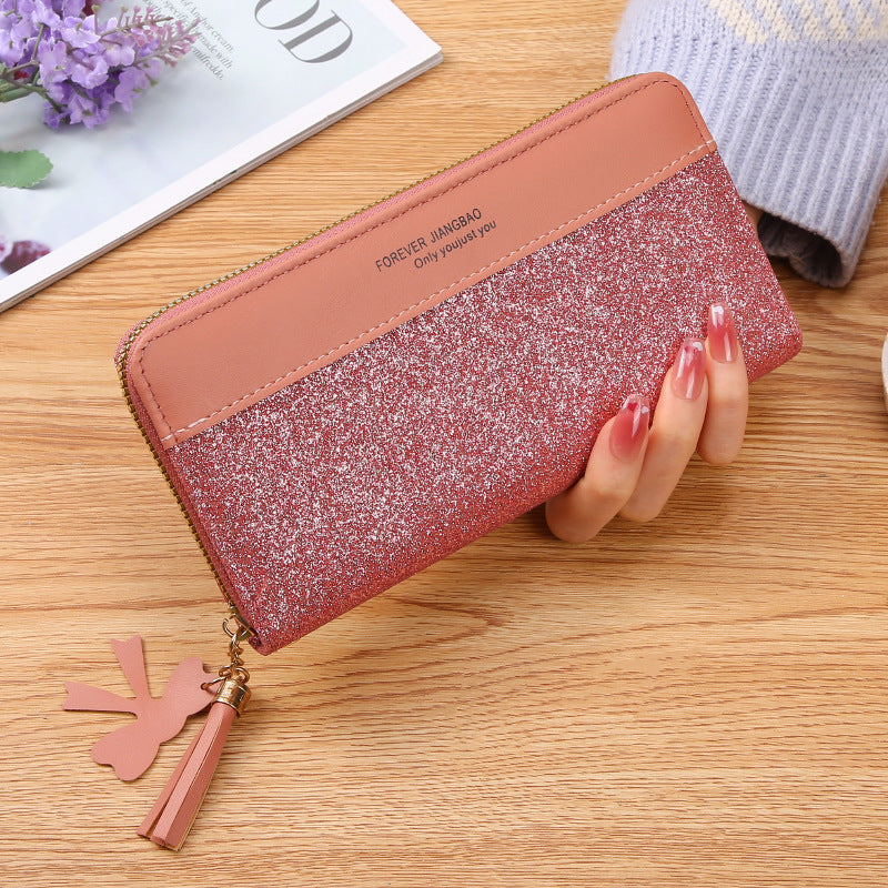 Damen Geldbörse mit Reißverschluss ⎜ Glitzernde Clutch mit Kartenfächern, Handyfach und abnehmbarem Quastenanhänger