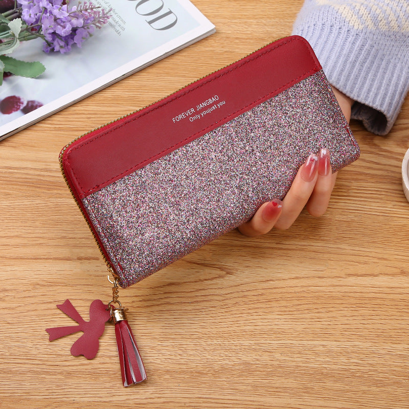 Damen Geldbörse mit Reißverschluss ⎜ Glitzernde Clutch mit Kartenfächern, Handyfach und abnehmbarem Quastenanhänger