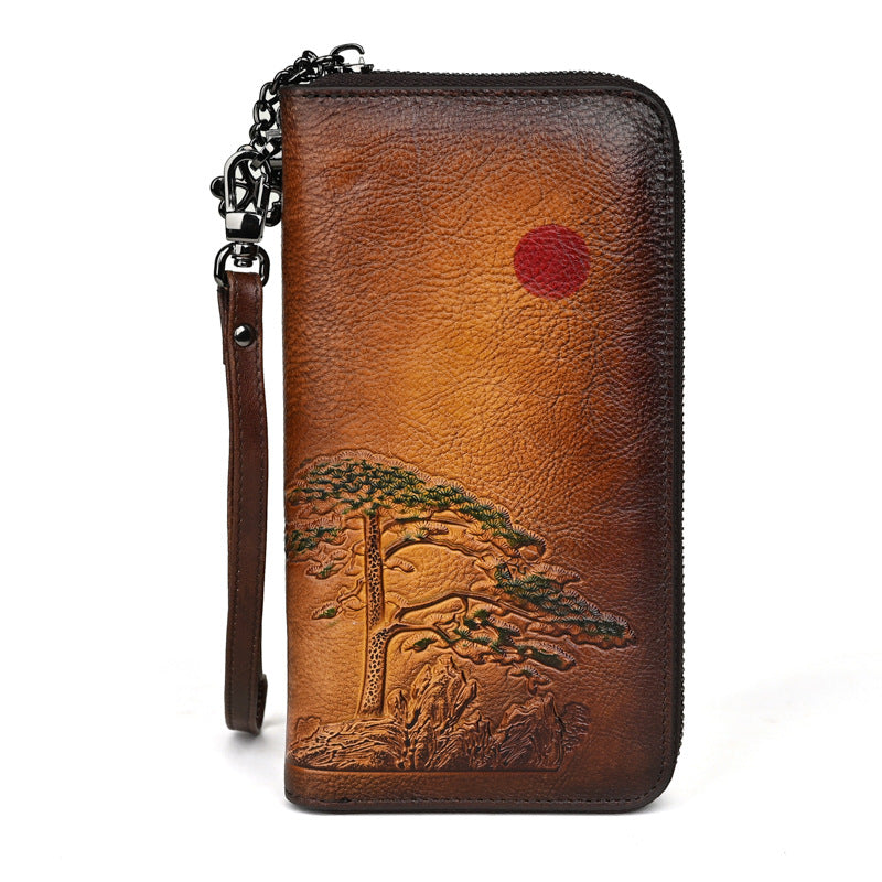 Damen Leder-Geldbörse ⎜ Lange Brieftasche mit geprägtem Baum-Motiv und praktischer Handgelenkband-Schlaufe