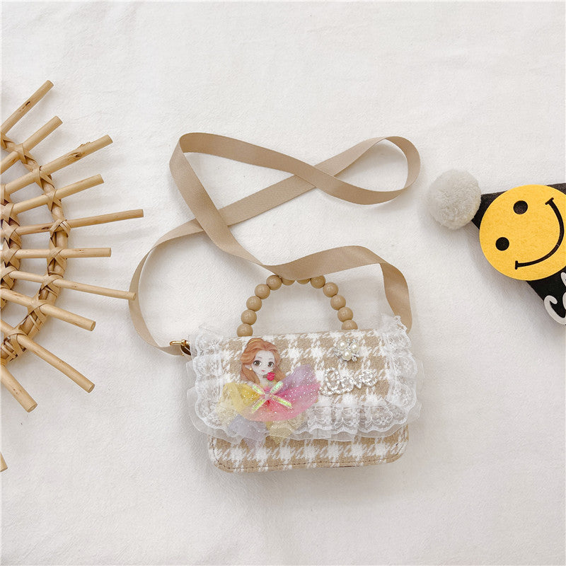 Kleine Umhängetasche für Damen ⎜ Karomuster Handtasche mit Perlengriff und Verspieltem Design
