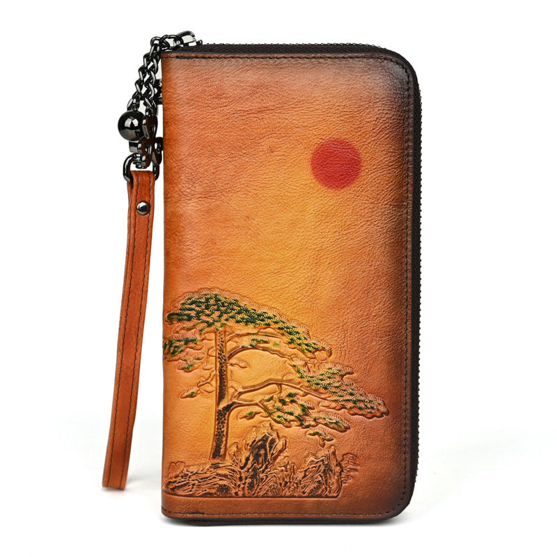 Damen Leder-Geldbörse ⎜ Lange Brieftasche mit geprägtem Baum-Motiv und praktischer Handgelenkband-Schlaufe
