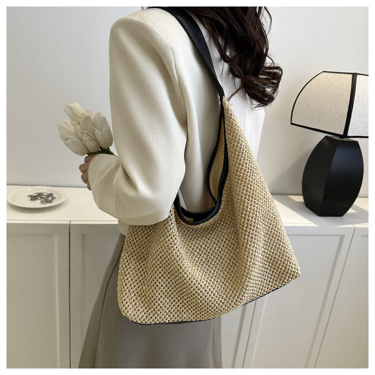 Strandtasche für Damen ⎜ Leichte Tragetasche aus Stroh im Retro-Stil für Sommer, Urlaub und Alltag