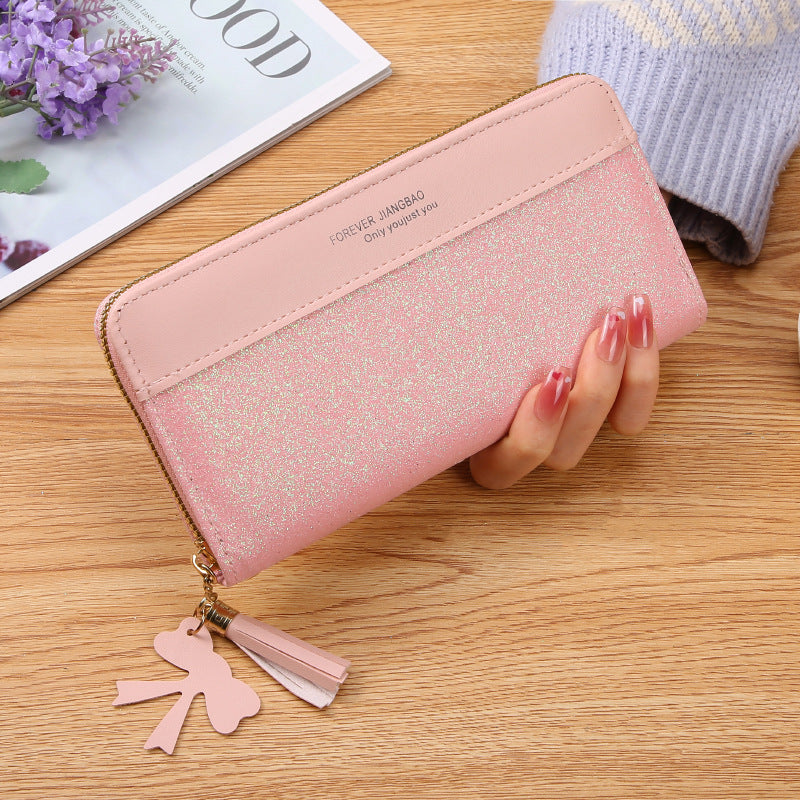 Damen Geldbörse mit Reißverschluss ⎜ Glitzernde Clutch mit Kartenfächern, Handyfach und abnehmbarem Quastenanhänger