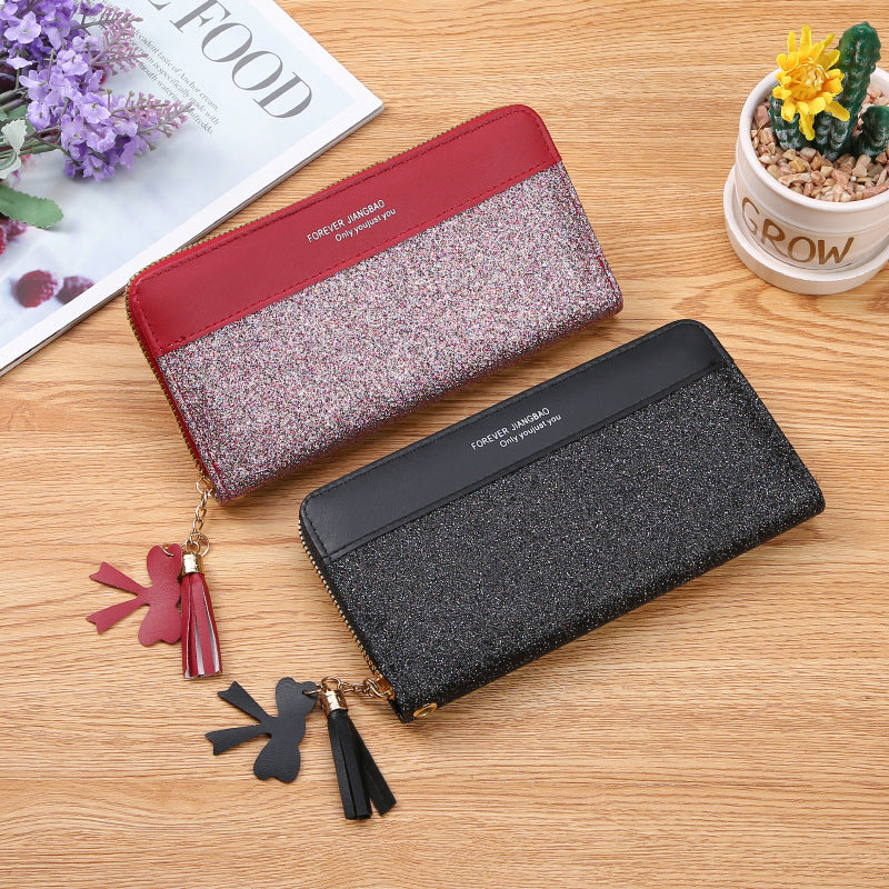 Damen Geldbörse mit Reißverschluss ⎜ Glitzernde Clutch mit Kartenfächern, Handyfach und abnehmbarem Quastenanhänger