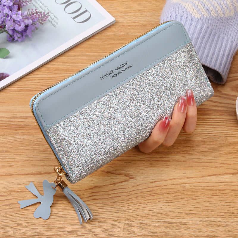 Damen Geldbörse mit Reißverschluss ⎜ Glitzernde Clutch mit Kartenfächern, Handyfach und abnehmbarem Quastenanhänger