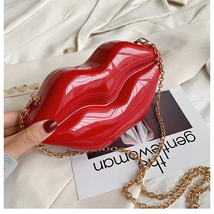 Damen Umhängetasche mit Kette ⎜ Glänzende Schultertasche in Lippenform für Partys und besondere Anlässe