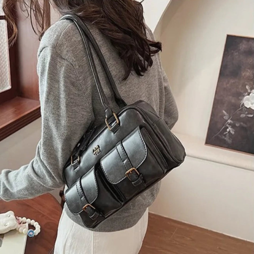 Damen Schultertasche Vintage ⎜ Geräumige Boston-Tasche mit Zwei Frontfächern und Stabilem Grif
