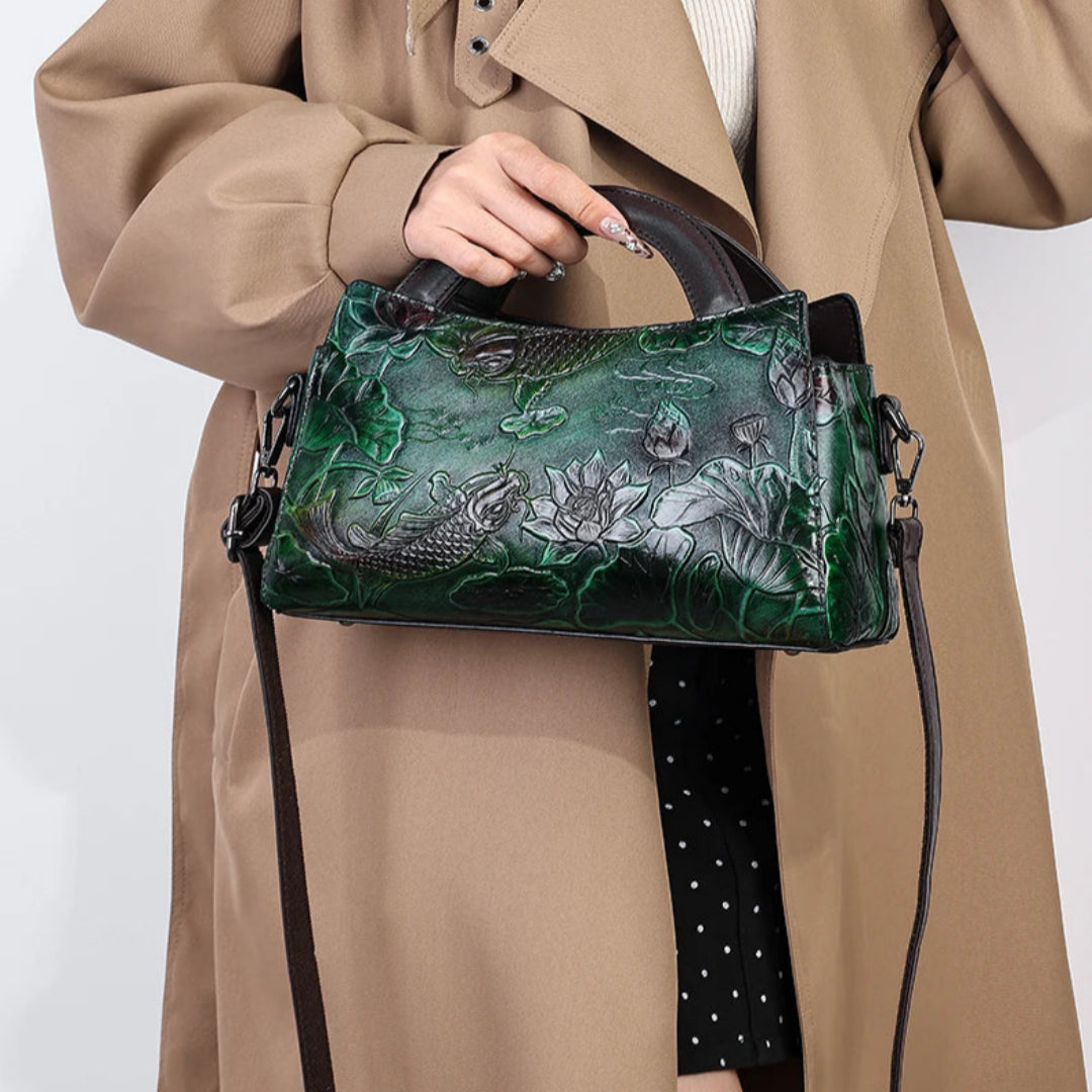 Damen Schultertasche mit Prägung ⎜ Elegante Umhängetasche im Retro-Stil mit großem Stauraum und Tragegriff