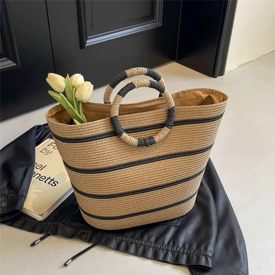 Strandtasche für Damen ⎜ Große Handtasche aus Geflecht mit Rundgriffen und viel Stauraum für Sommer und Freizeit