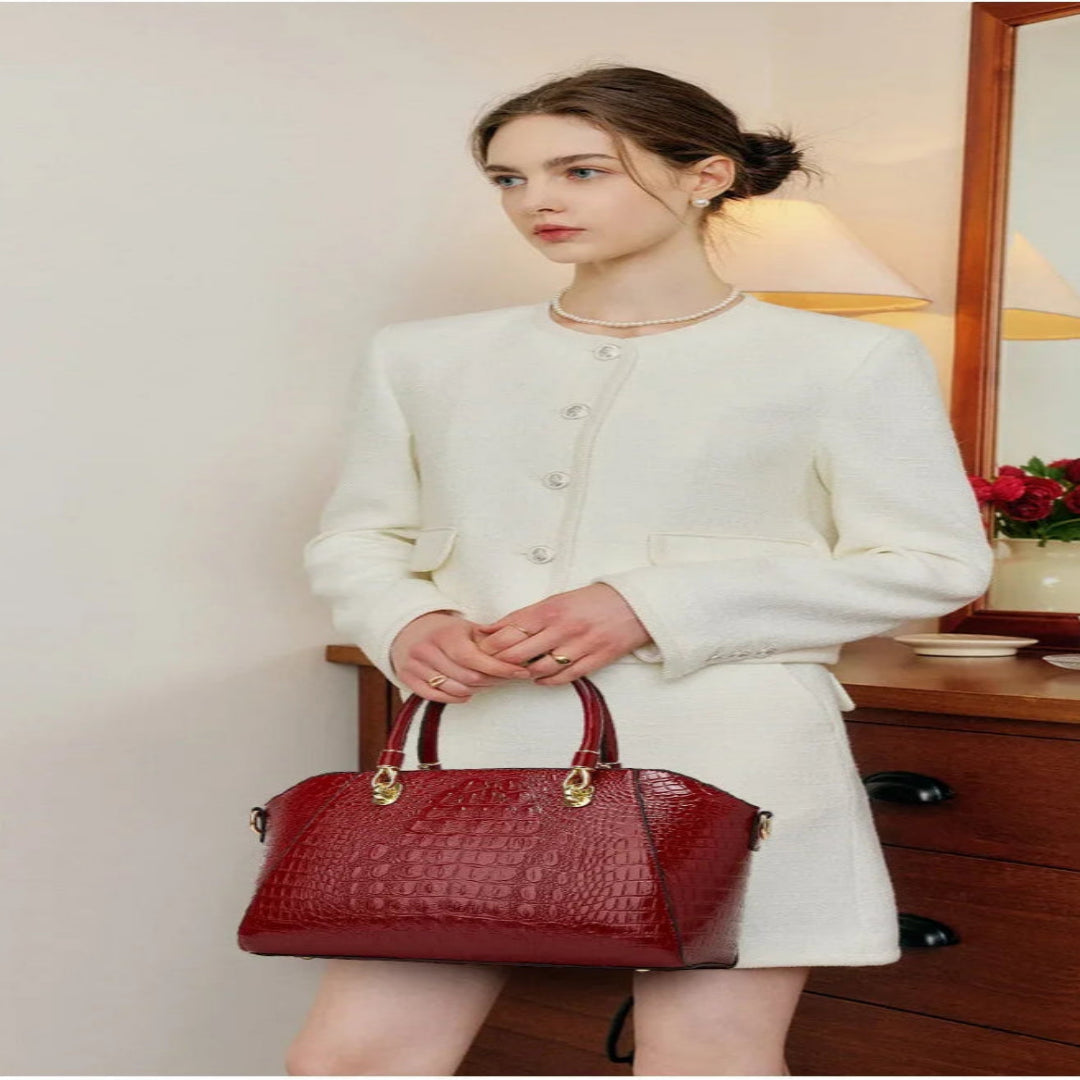 Handtasche für Damen ⎜ Elegante Schultertasche in Krokolederoptik mit Tragegriff und abnehmbarem Riemen für Alltag und Büro