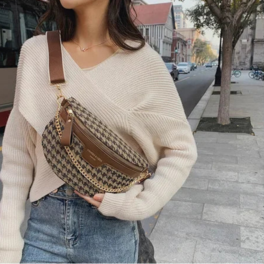 Damen Schultertasche mit Kettenriemen ⎜ Modisches Tweed-Design mit Reißverschluss und breitem Tragegurt
