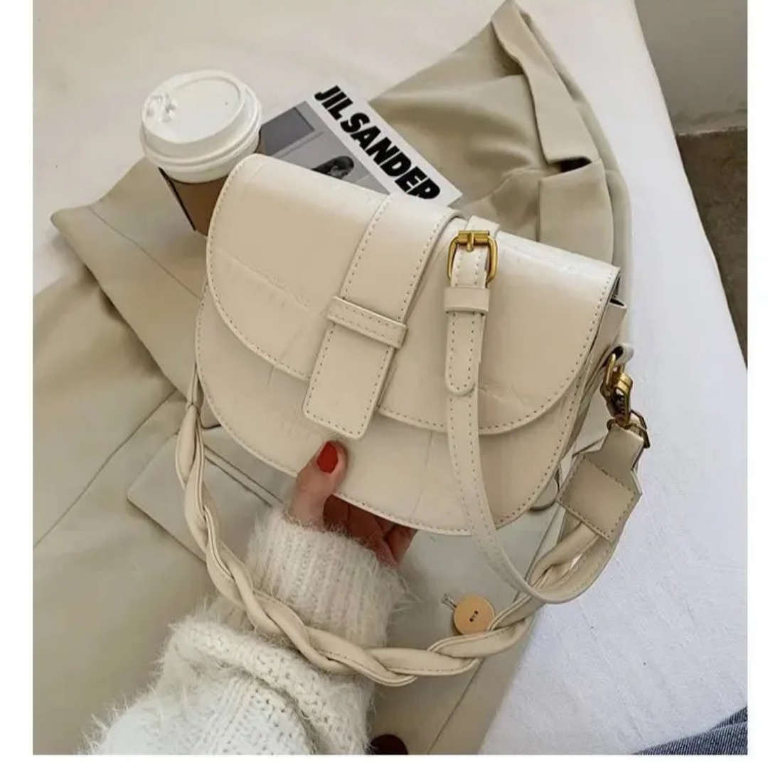 Damen Schultertasche mit Flechtgriff ⎜ Elegante Umhängetasche in Steinoptik mit praktischem Verschluss