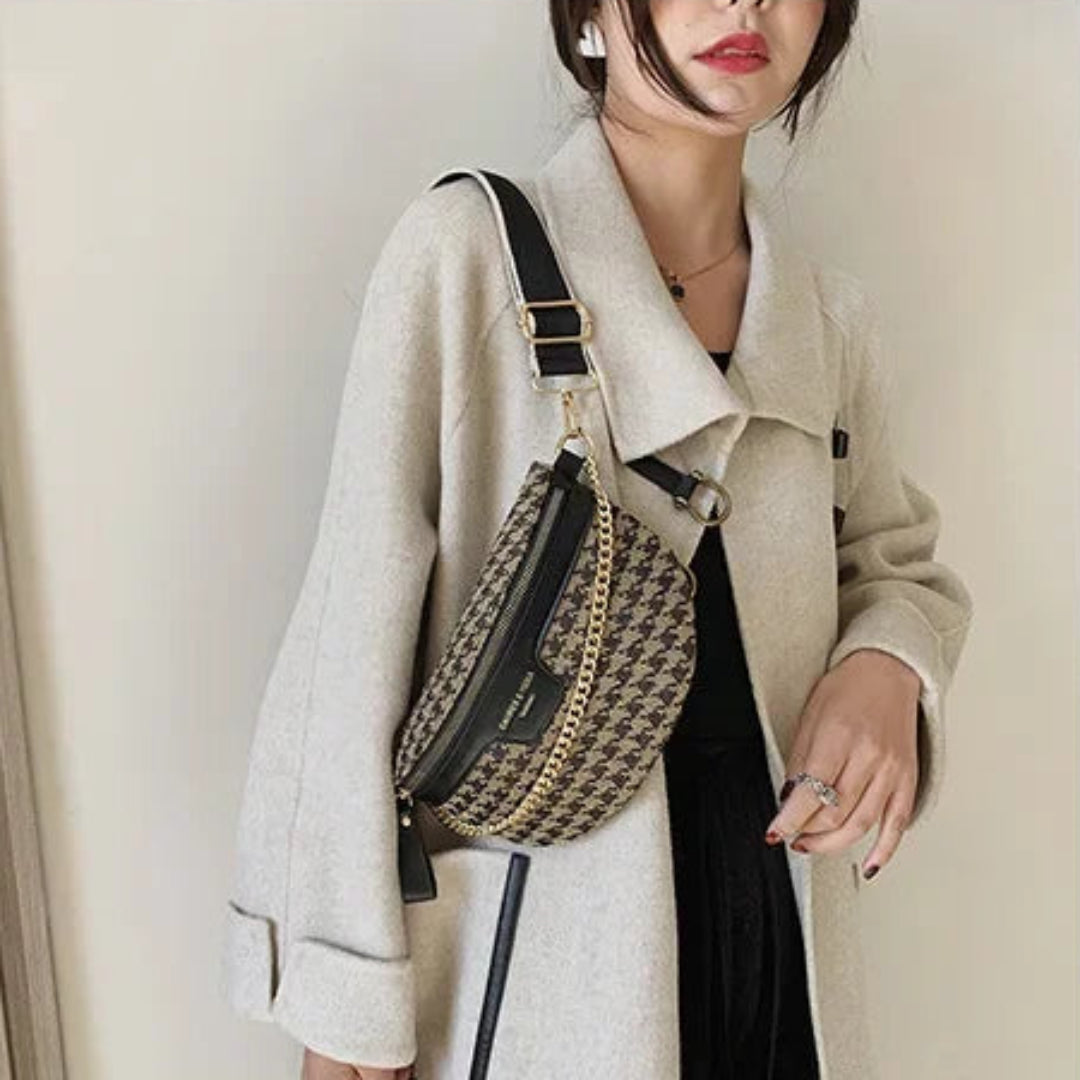 Damen Schultertasche mit Kettenriemen ⎜ Modisches Tweed-Design mit Reißverschluss und breitem Tragegurt