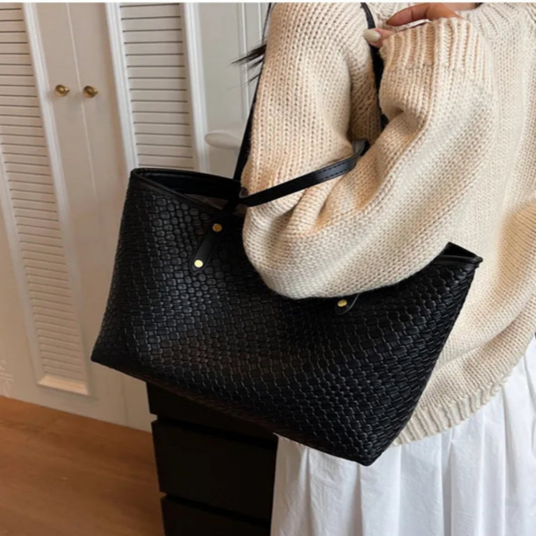 Shopper Tasche für Damen ⎜ Geräumige Schultertasche mit Flechtoptik für Büro, Uni und Alltag