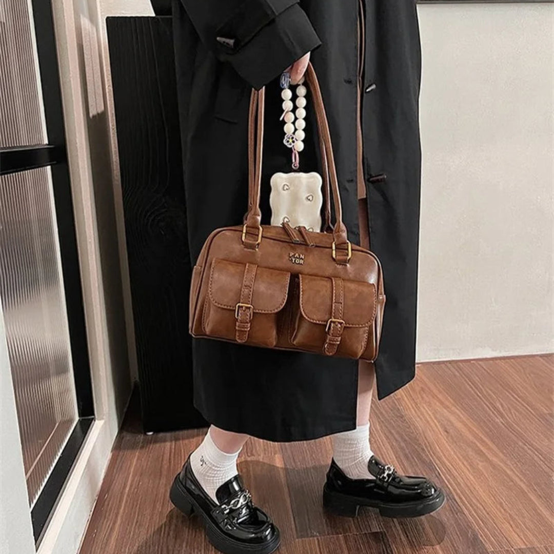 Damen Schultertasche Vintage ⎜ Geräumige Boston-Tasche mit Zwei Frontfächern und Stabilem Grif