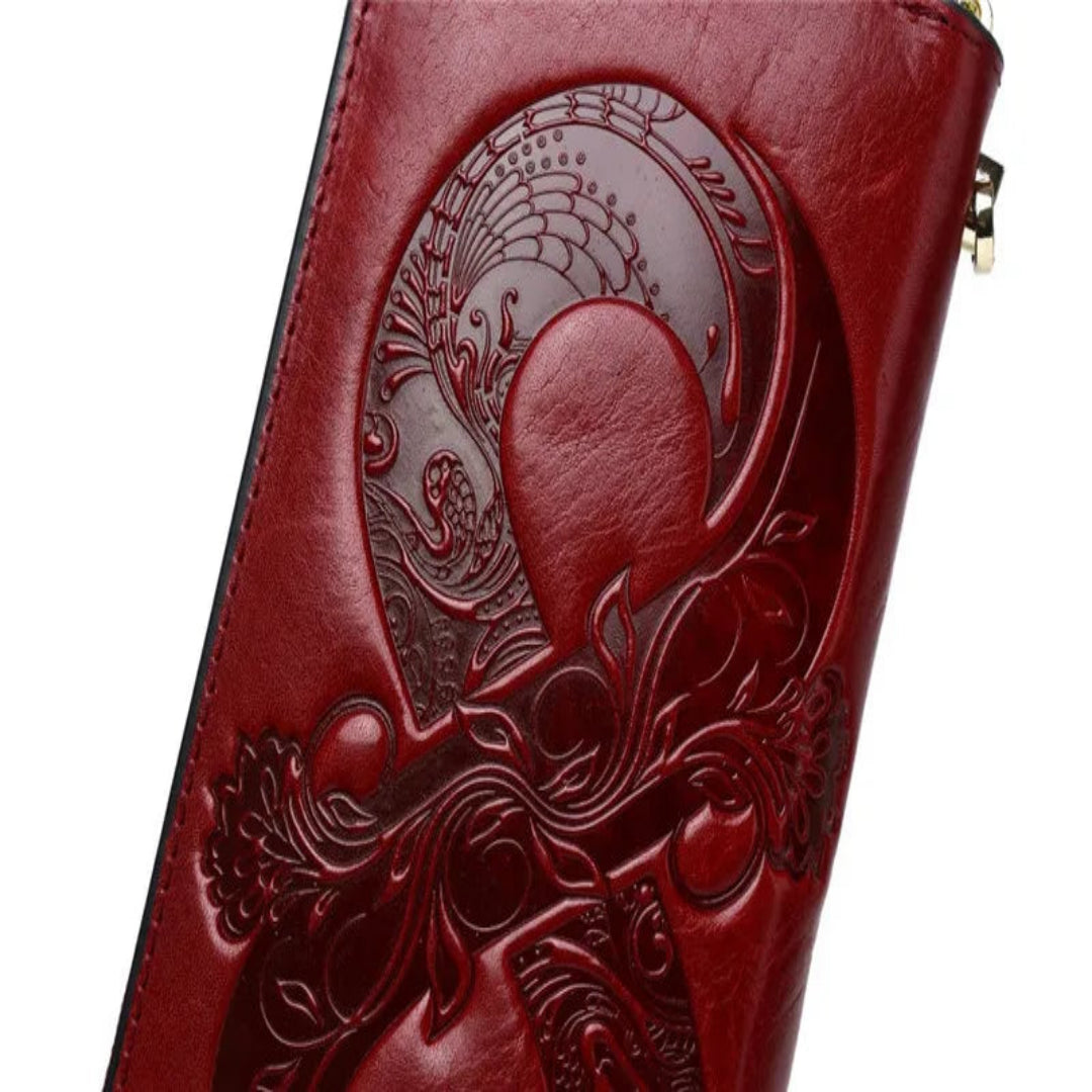 Damen Geldbörse aus Echtleder ⎜ Retro Clutch mit Reißverschluss und floraler Prägung
