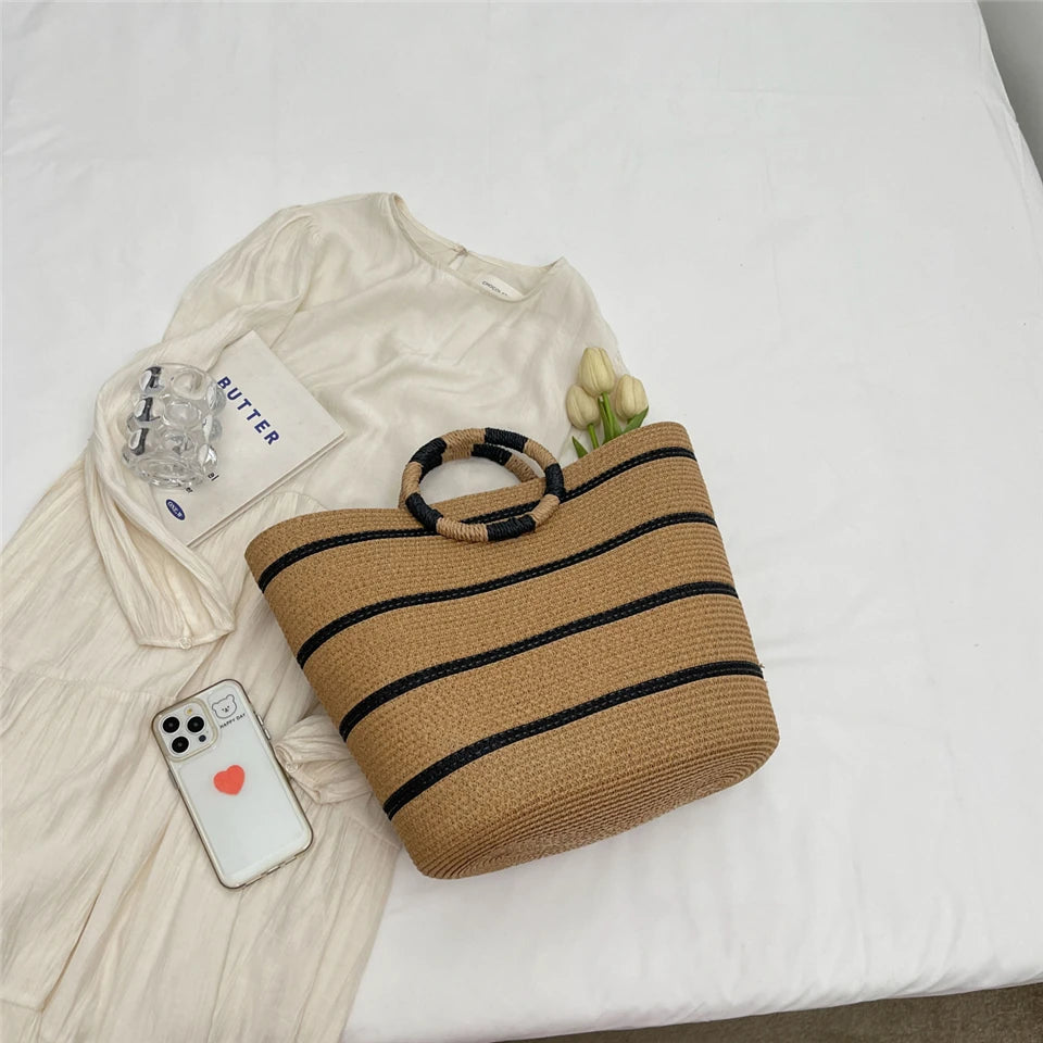 Strandtasche für Damen ⎜ Große Handtasche aus Geflecht mit Rundgriffen und viel Stauraum für Sommer und Freizeit