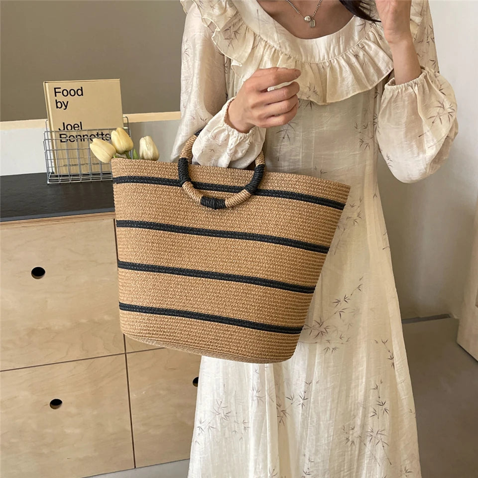 Strandtasche für Damen ⎜ Große Handtasche aus Geflecht mit Rundgriffen und viel Stauraum für Sommer und Freizeit