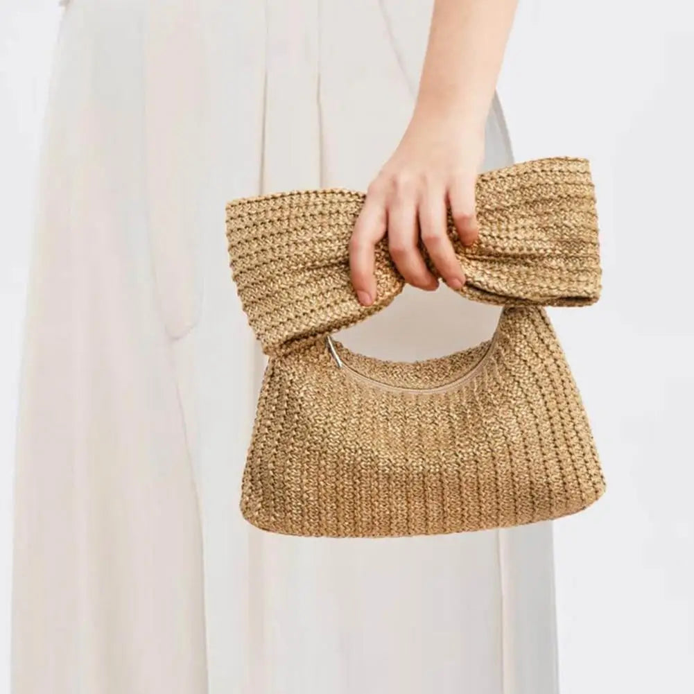 Elegante Clutch für Damen ⎜ Handgefertigte Strohtasche mit dekorativem Schleifen-Design