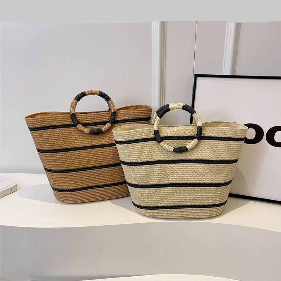 Strandtasche für Damen ⎜ Große Handtasche aus Geflecht mit Rundgriffen und viel Stauraum für Sommer und Freizeit