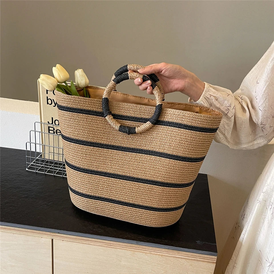Strandtasche für Damen ⎜ Große Handtasche aus Geflecht mit Rundgriffen und viel Stauraum für Sommer und Freizeit