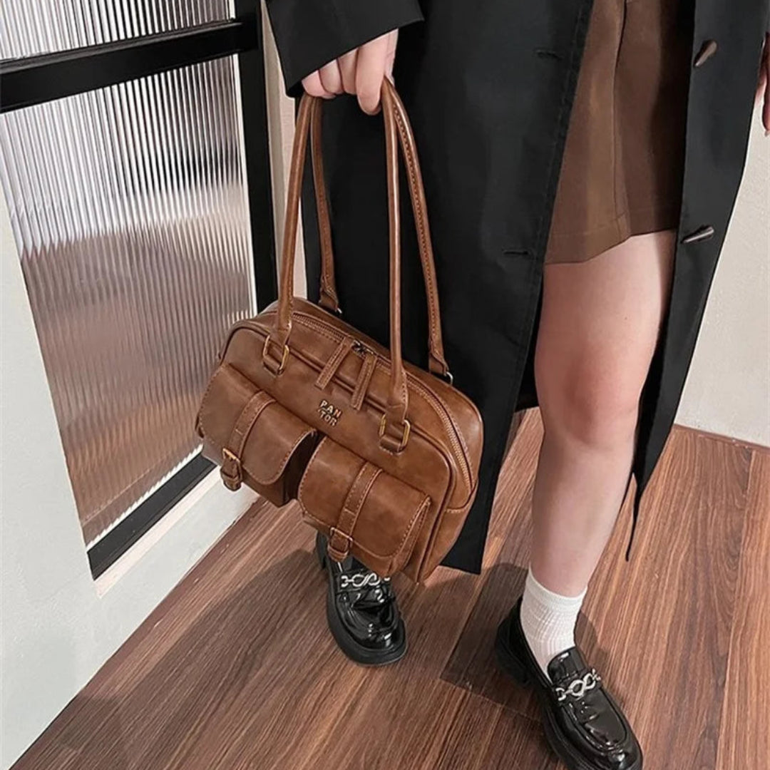 Damen Schultertasche Vintage ⎜ Geräumige Boston-Tasche mit Zwei Frontfächern und Stabilem Grif