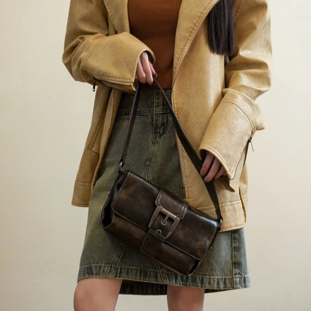 Damen Schultertasche ⎜ Stilvolle Umhängetasche mit Vintage Look und Praktischem Schnallenverschluss