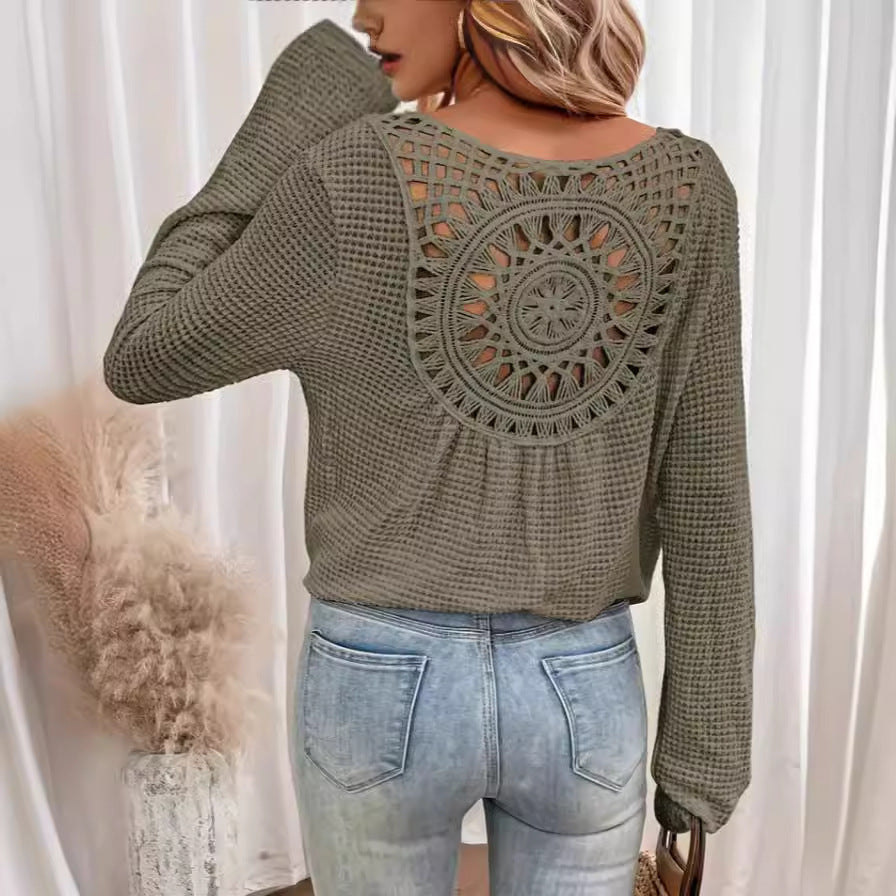 Amelia – elegantes Langarm-T-Shirt mit Waffelmuster und V-Ausschnitt