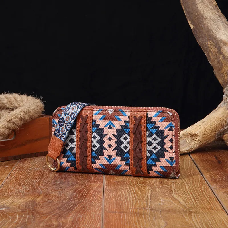 Damen Geldbörse im Boho-Stil ⎜ Handliche Brieftasche aus Stoff mit Reißverschluss und praktischem Trageband