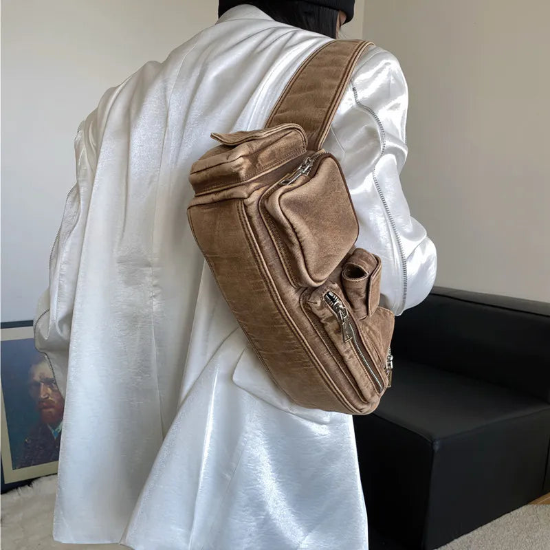 Schultertasche für Damen ⎜ Retro-Umhängetasche aus Denim mit mehreren Reißverschlussfächern für Alltag und Freizeit