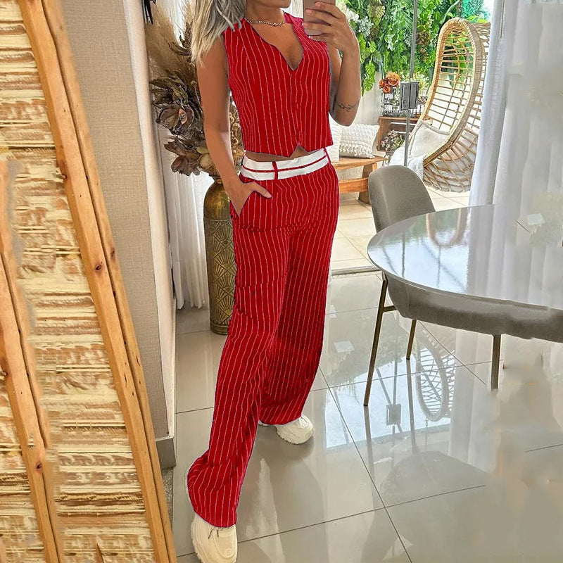 Emily – gestreiftes, geknöpftes Westentop und Hose im Taschendesign, 2-teilig