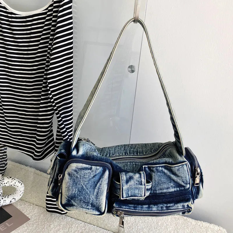 Schultertasche für Damen ⎜ Retro-Umhängetasche aus Denim mit mehreren Reißverschlussfächern für Alltag und Freizeit
