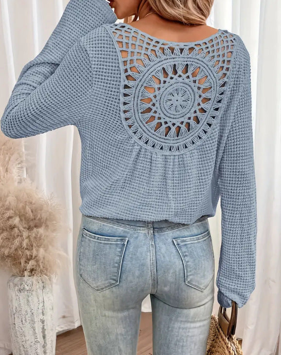 Amelia – elegantes Langarm-T-Shirt mit Waffelmuster und V-Ausschnitt