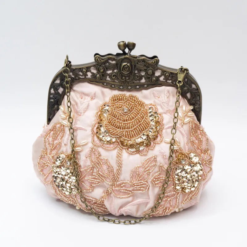 Clutch für Damen ⎜ Vintage Abendtasche mit Rosenstickerei, Perlenbesatz und elegantem Metallrahmen für festliche Anlässe