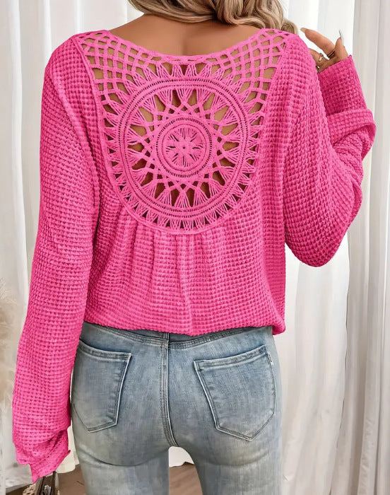 Amelia – elegantes Langarm-T-Shirt mit Waffelmuster und V-Ausschnitt
