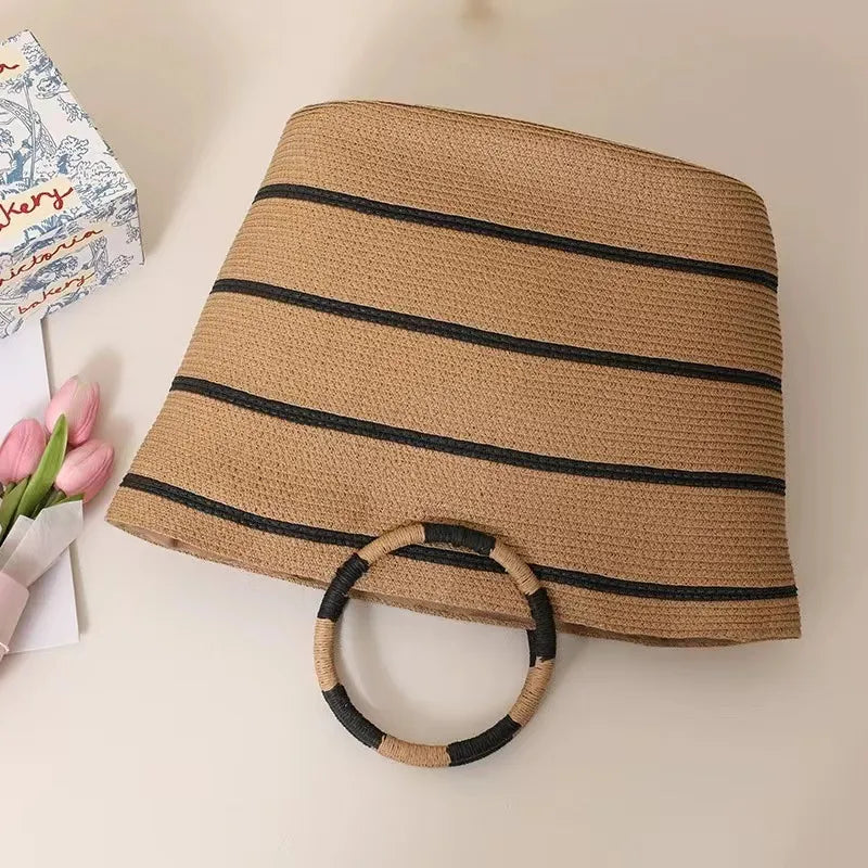Strandtasche für Damen ⎜ Große Handtasche aus Geflecht mit Rundgriffen und viel Stauraum für Sommer und Freizeit