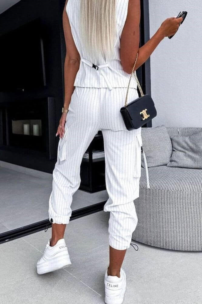 Anna - Gestreiftes 2-teiliges Set aus Weste, Oberteil und Hose mit Bündchen