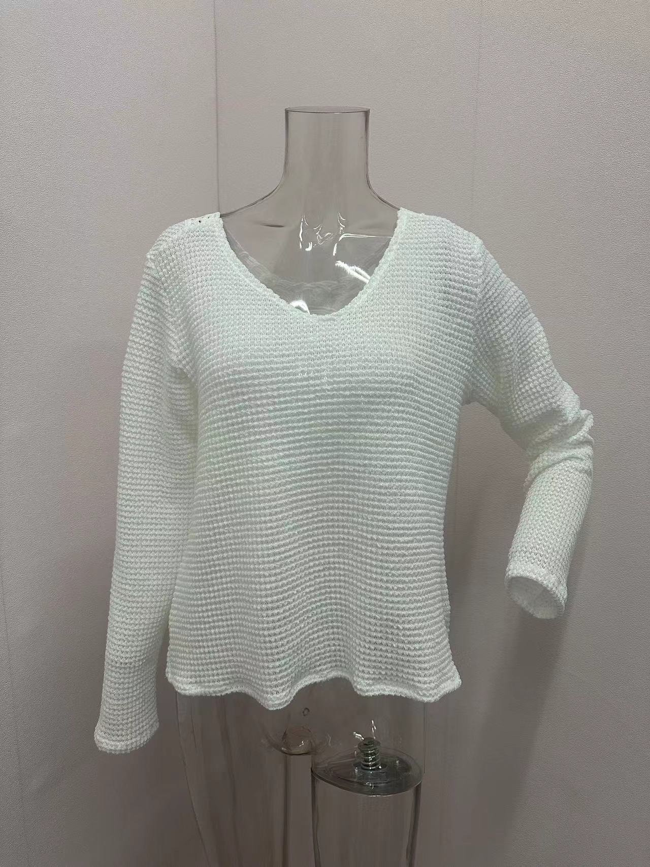 Amelia – elegantes Langarm-T-Shirt mit Waffelmuster und V-Ausschnitt