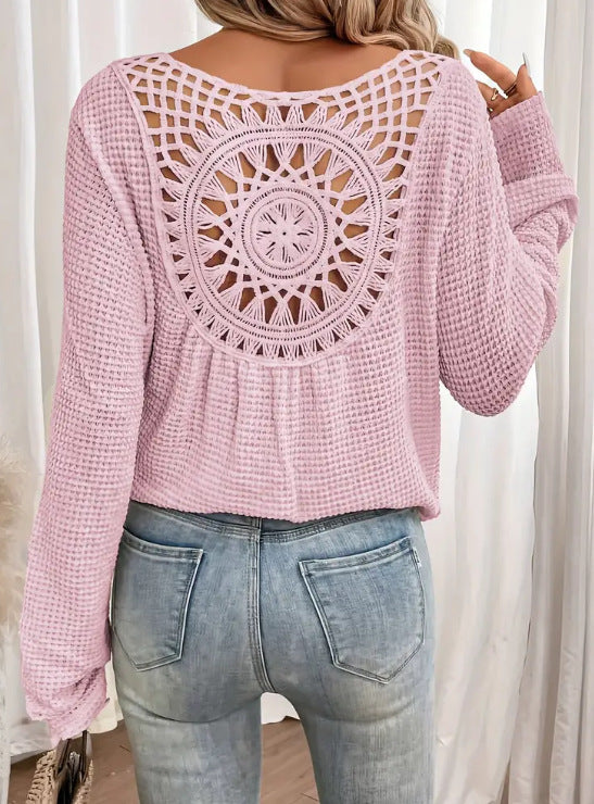 Amelia – elegantes Langarm-T-Shirt mit Waffelmuster und V-Ausschnitt