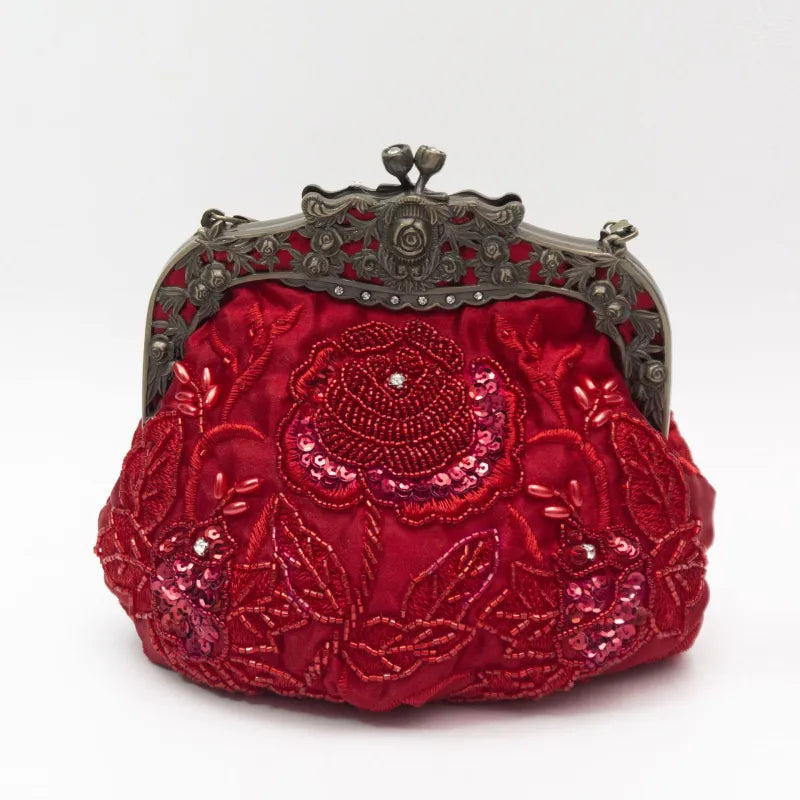 Clutch für Damen ⎜ Vintage Abendtasche mit Rosenstickerei, Perlenbesatz und elegantem Metallrahmen für festliche Anlässe