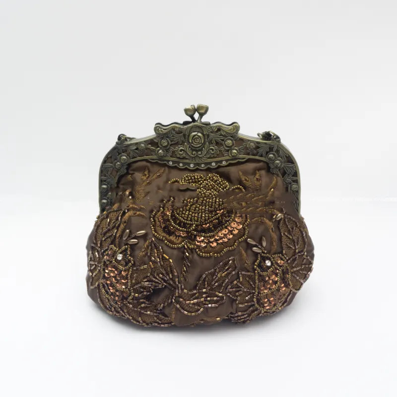 Clutch für Damen ⎜ Vintage Abendtasche mit Rosenstickerei, Perlenbesatz und elegantem Metallrahmen für festliche Anlässe