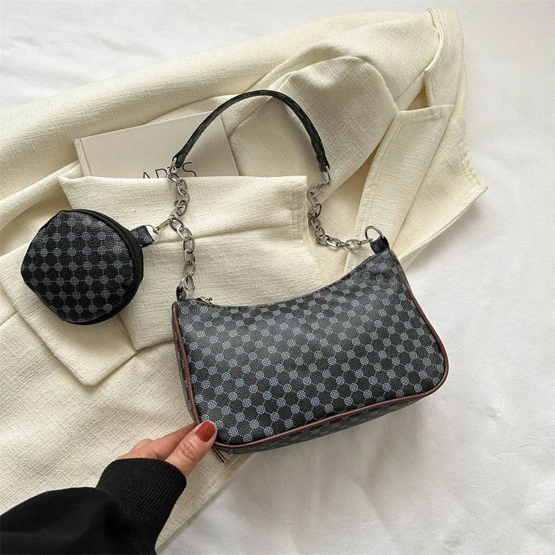 Schultertasche für Damen ⎜ Kompakte Umhängetasche mit Retro-Muster und abnehmbarer Mini-Tasche für unterwegs