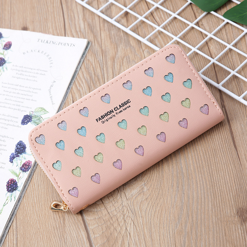 Lange Damen Geldbörse mit Reißverschluss ⎜ Portemonnaie mit Glitzerherzen und vielen Kartenfächern im modernen Design