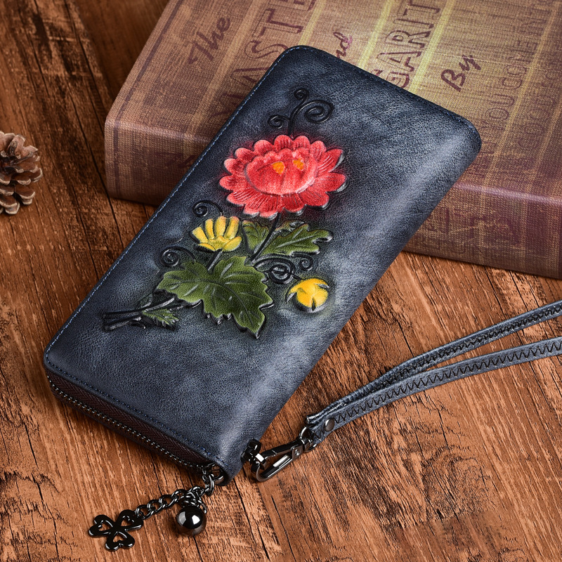 Leder Damen Clutch mit Reißverschluss ⎜ Vintage Geldbörse mit Blumenmuster und abnehmbarem Trageriemen