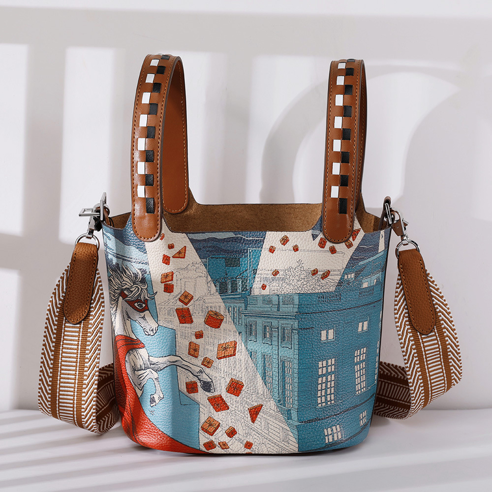Handtasche mit Kunst-Design ⎜ Rindleder-Tasche mit Verstellbarem Schulterriemen und Stilvollem Muster