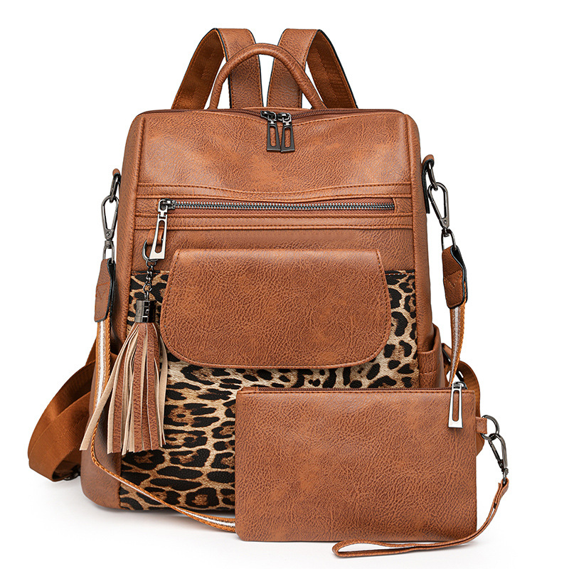 Damen Rucksack mit Leopardenmuster ⎜ Großer Vintage Tagesrucksack mit viel Stauraum und Reißverschlusstaschen