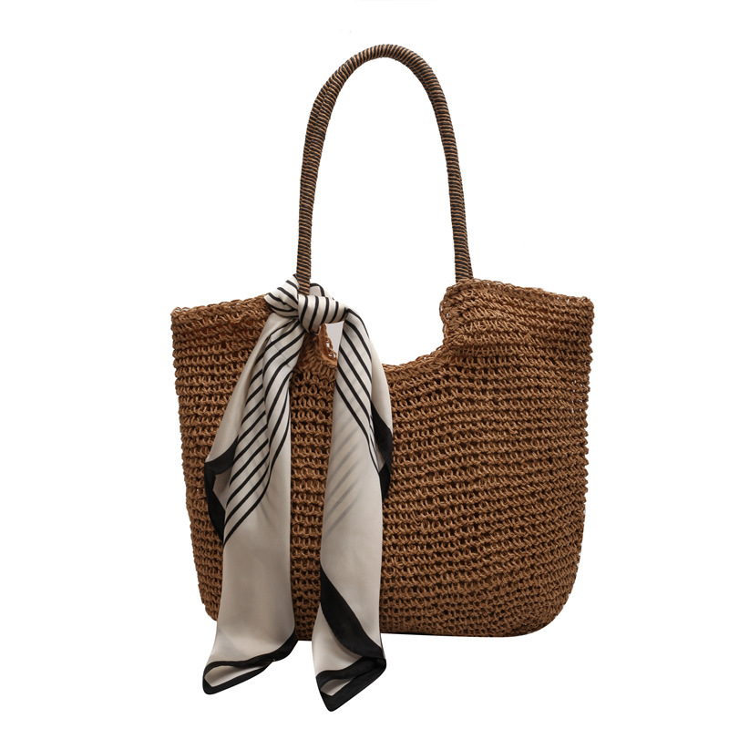 Strandtasche für Damen aus Strohgeflecht ⎜ Geräumige Schultertasche mit Tuch für Urlaub, Shopping und Sommerlooks